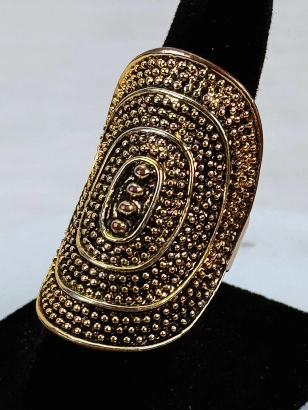 Aged Gold Tone Oversized Oval Textured Statement Ring Size 5 Boho